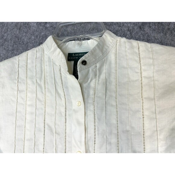 VTG Ralph Lauren Womens Linen Button Up Shirt Pleated Mock Neck Long Sleeve Sz M - Picture 3 of 11